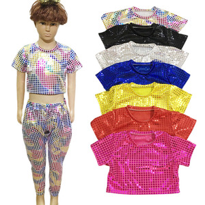 Girls boys red black silver blue sequins glitter jazz street dance hiphop dance short t shirt birthday carnival party cheer leaders uniforms for kids Round Neck T-shirt