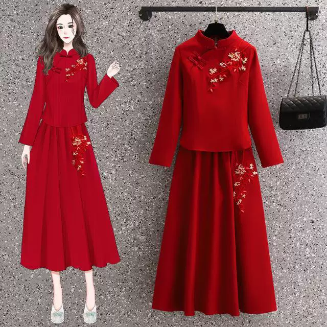 Китайский стиль древняя китайская одежда женская осенняя и зимняя тяжелая вышивка праздничная повседневная тонкая юбка Cheongsam из двух частей