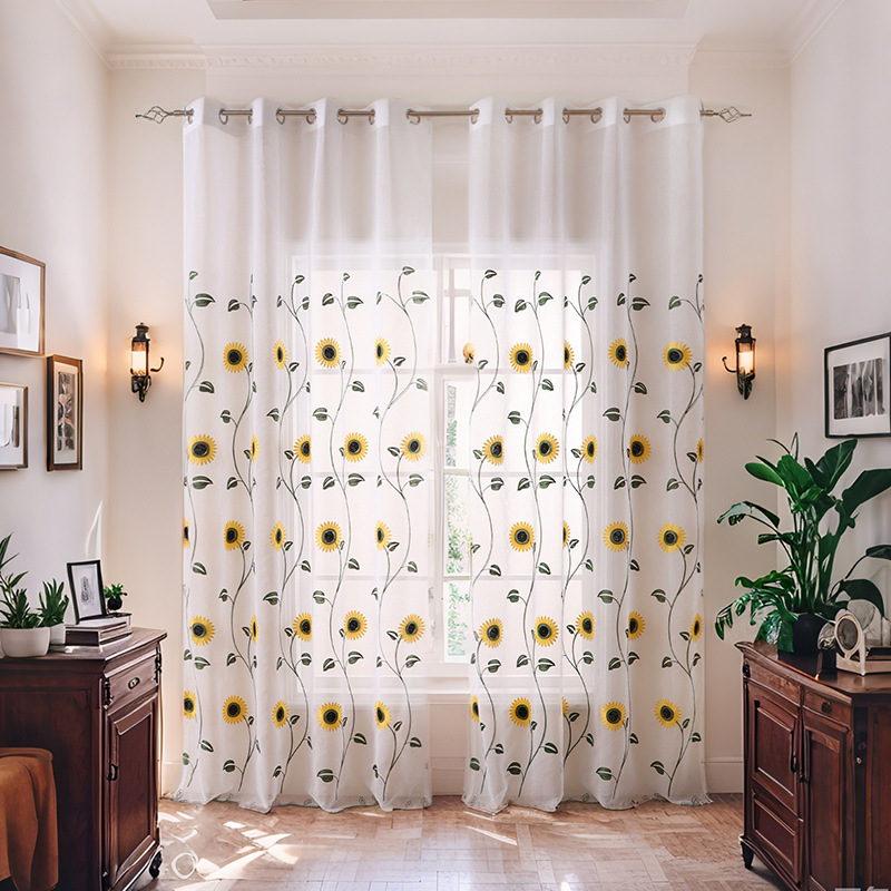 American-style Country Sunflower Embroidered Sheer Curtains For Bedroom And Living Room_voghion.com