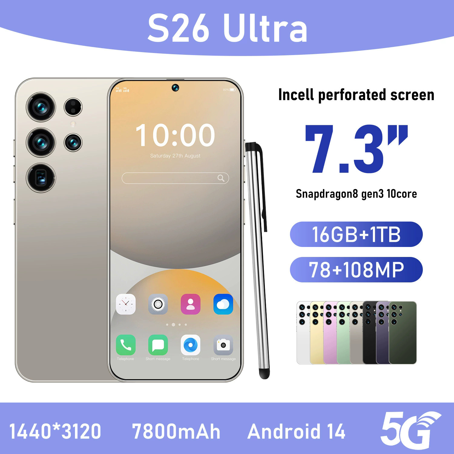 S26Ultra Cross-Border Android 7.3inch Smartphone 16+1t Hd Screen True 4g Global Communication Spot Low Price