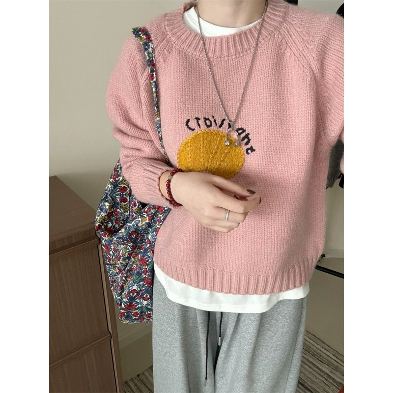 Милый вязаный свитер с рисунком из мультфильма, круглый воротник, размер oversize.