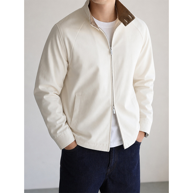 Lyocell color-blocked raglan sleeve stand-up collar jacket for men, autumn light business commuter double-zipper casual coat men's clothing