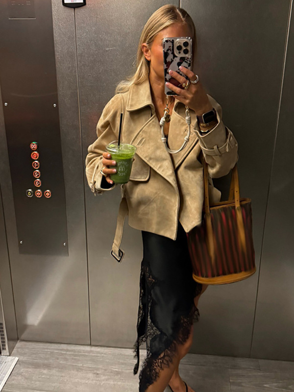 欧美跨境女装2025春秋新款休闲翻领夹克外套腰带宽松短款百搭上衣|undefined