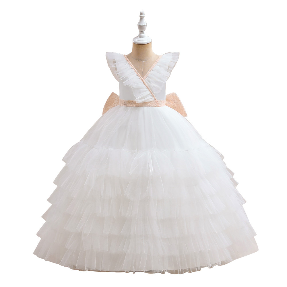 Aliexpress nuevo vestido de niños grandes niñas de cuello en V malla pastel vestido de princesa Pong vestido de piano