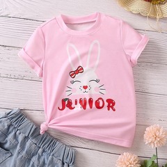 跨境童裝女童夏裝圓領短袖上衣2024新款外貿潮流休閒卡通印花T恤