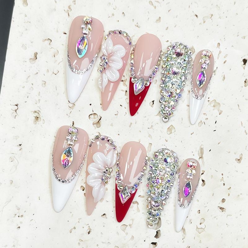 Wearable Nail Art in Nude Pink with Long Waterdrop French Style, Pressed-On Nails with Gold Foil Glitter, False Nails Direct Supply from Overseas