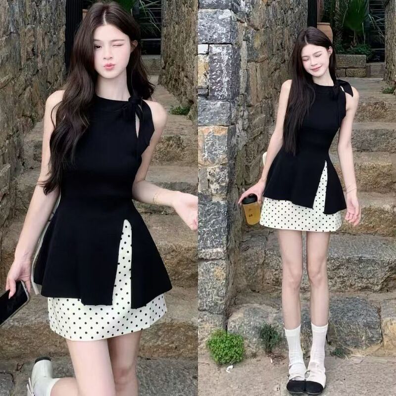 010 #   Lined Zipper Waist Suit for Women Korean Design Black Slit Top High Waist Polka Dot Skirt