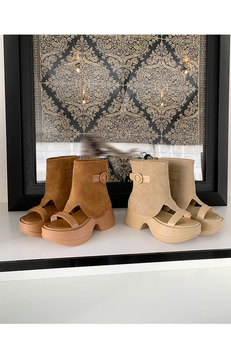 Boot sandal hở mũi gót vuông đế dày da lộn khóa kéo sau — Màu caramel, màu mơ chi tiết 23