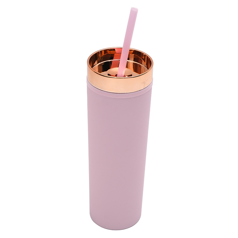 Transfronterizo Amazon Spot 16OZ Taza de paja recta Taza de plástico de doble capa con tapa de oro rosa Taza de agua de pintura de goma esmerilada
