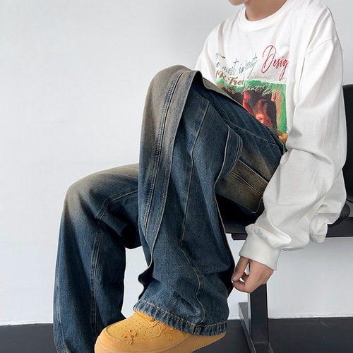 Vintage Black Gradient Denim Jeans for Men - Spring and Autumn Streetwear, Washed and Distressed, Loose Straight Leg Pants, Niche Pants