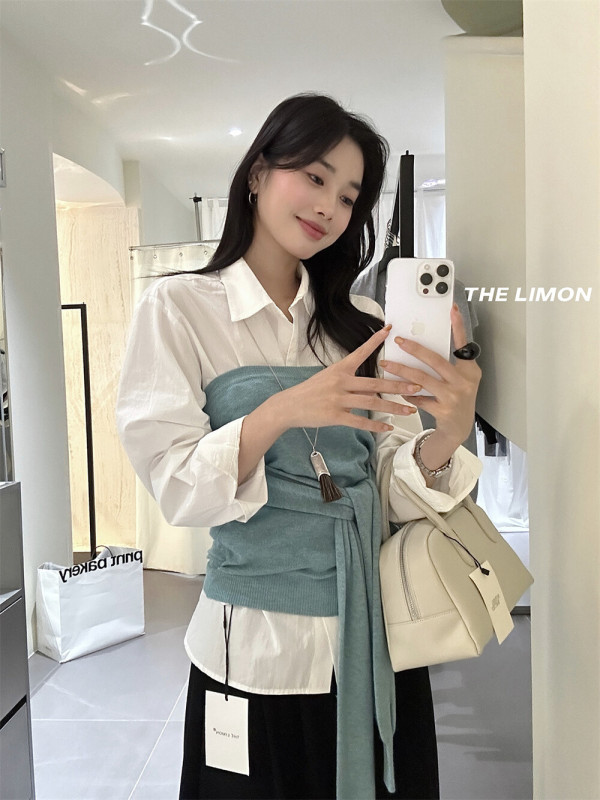 the limon柠檬绿茶2025秋季新款设计感叠穿抹胸针织衫女修身上衣|undefined