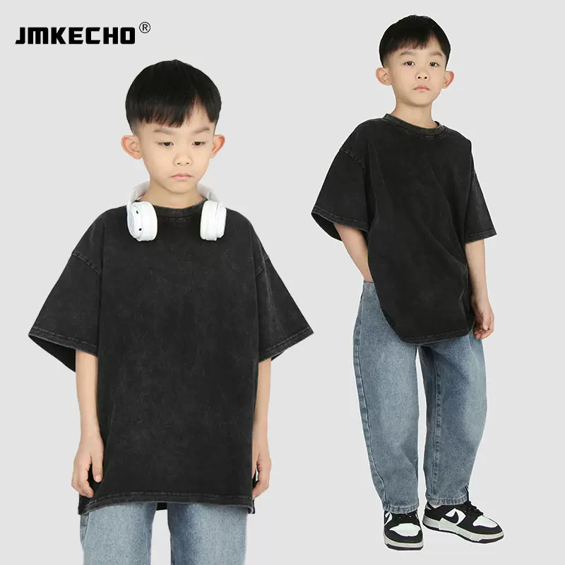 潮牌儿童做旧t恤2023夏季新款高工艺洗水复古童装男童宽松短袖潮