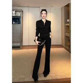 时尚气质复古显瘦设计感修身开衫上衣＋裤子套装