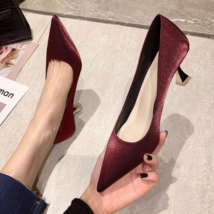 61502 Low-Top 2024 All Year Round Pure Color K-Style Ready-Made Silks and Satins Fashion Pointed Toe Stiletto Heels Daily One-Size-Fits-All High Heels
