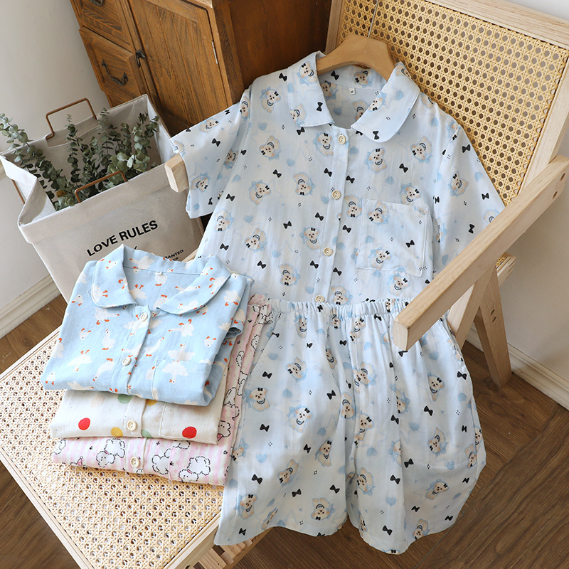 Spring and Summer Pure Cotton Pajamas Women's Cartoon Printed Short-sleeved Shorts Home Clothes Thin Gauze suit Student Loose