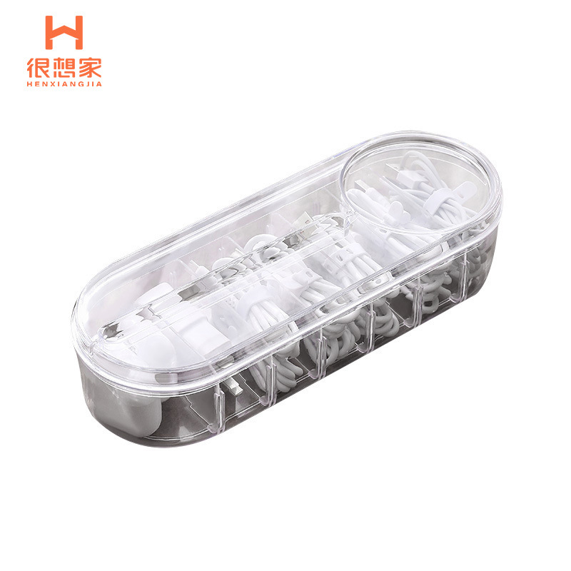 Nueva caja de almacenamiento para cables de datos, escritorio de almacenamiento con tapa, compartimentos transparentes para auriculares y caja de almacenamiento para pequeños joyas.