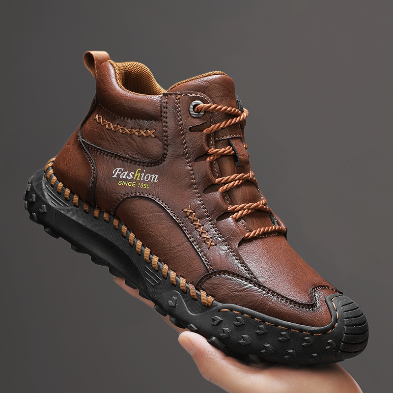 Autumn And Winter Handmade Large-Size Shoes For Men, Genuine Leather Casual High-Top Shoes, Work Martin Boots_vogvips.com