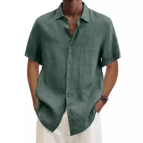 2025 Independent Station Wish Amazon Best Sellers - Summer V-Neck Buttoned Cotton-Linen Plain Men Fashion Shirt