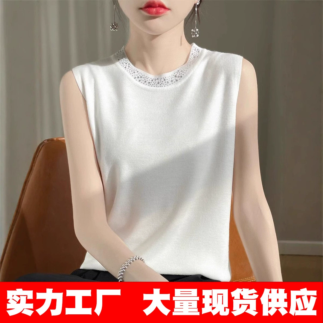 Модный жилет из ткани с сердечником из пряжи и бриллиантами, Женский Топ без рукавов на весну и лето, слинг, облегающий свитер с круглым вырезом
