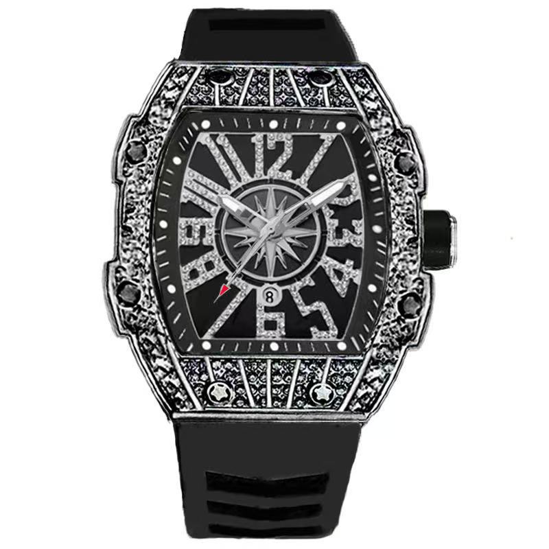 Cross-Border Foreign Trade Popular Barrel-Shaped Fully Automatic Men's Watch Domineering Diamond-Encrusted Calendar Cool Trendy Quartz Watch