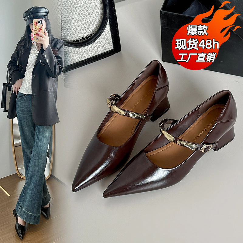 法式百搭尖头浅口玛丽珍鞋女2025秋款绝美不累脚低粗跟黑色小皮鞋