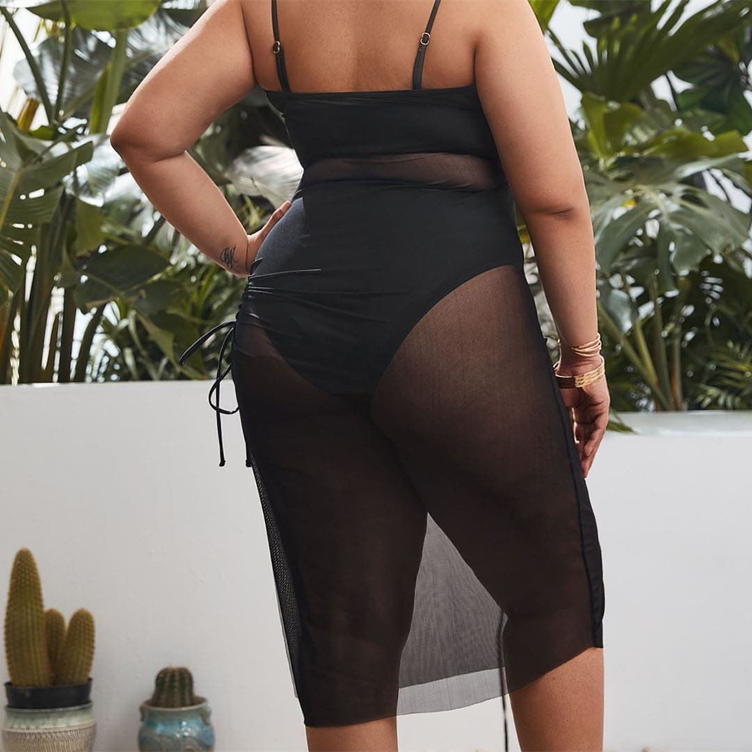 plus size sling backless hanging neck solid color see-through swimsuit set NSJHD124726