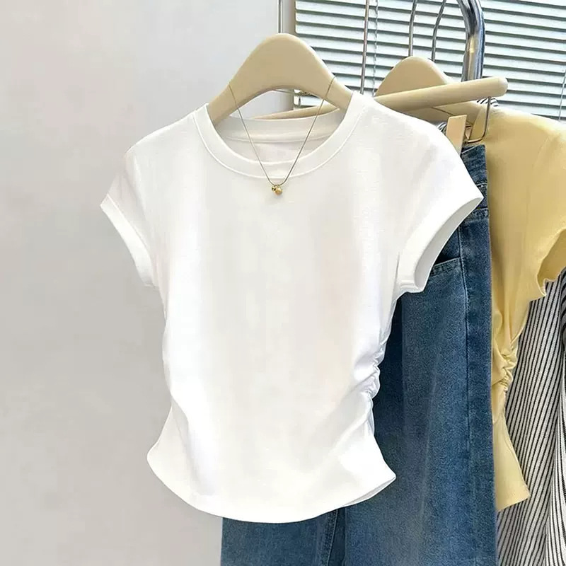 White Short-Sleeve T-Shirt for Women, 2026 Summer New Style, Short Pleated Slim-Fit, Slimming and Age-Reducing Top