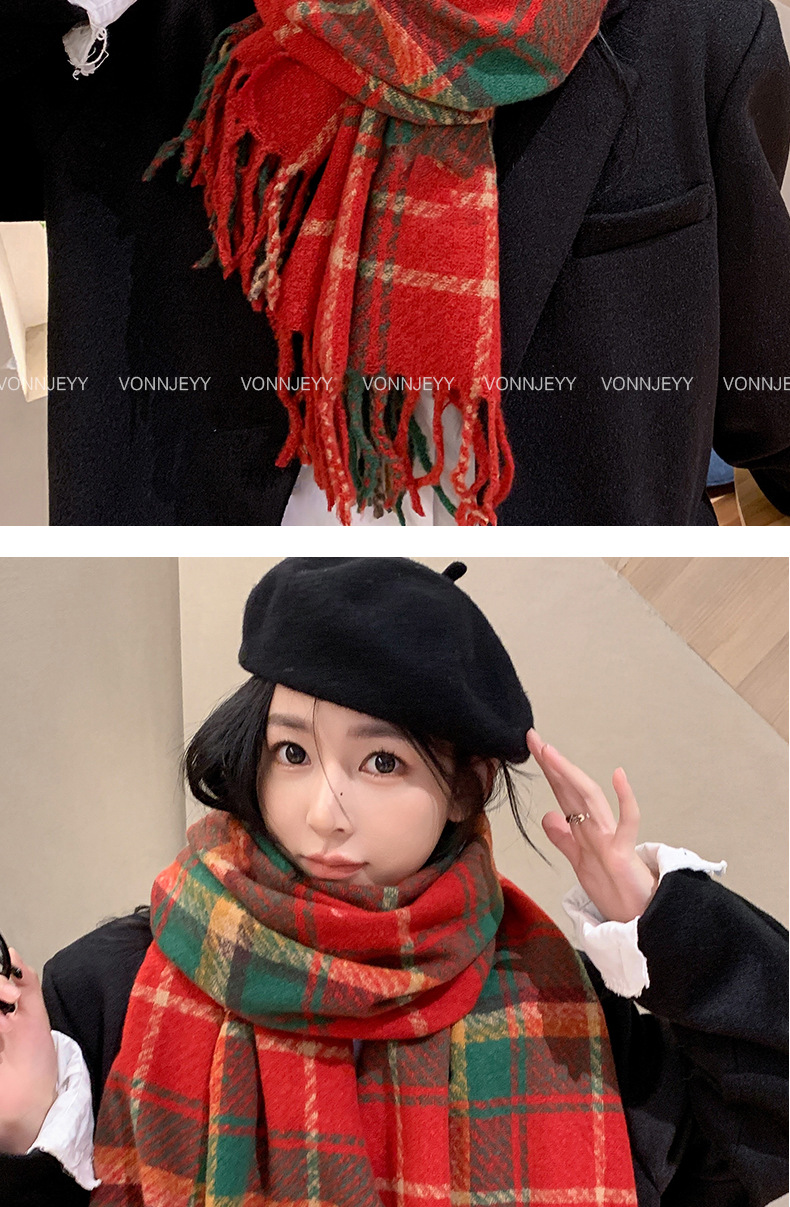 Regalo di Capodanno: sciarpa scozzese con nappe rosse natalizie, sensazione invernale di alta qualità per le donne, caldo scialle coreano, sciarpa spessa_voghion.com
