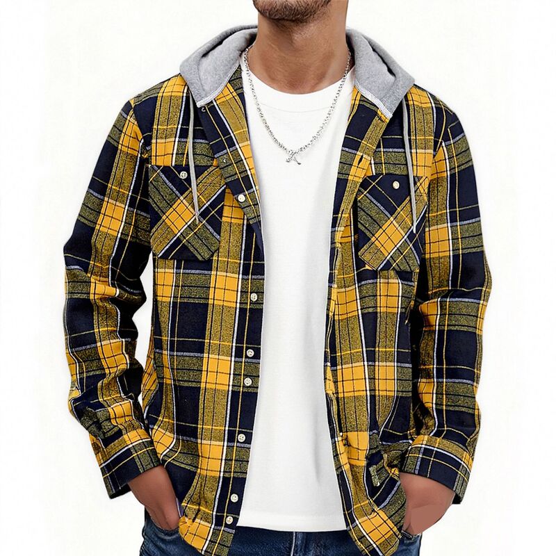 Popular Foreign Trade Men's Casual Plaid Shirt, American Retro Flannel Hooded Plaid Shirt, Men's Long-Sleeve