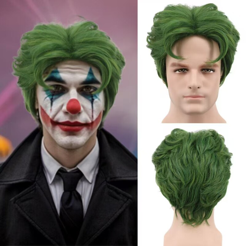 Halloween Party Wig for Men and Women, Short Hair with Middle Parting, Green Cosplay Clown Anime Wig, Stage Performance Headgear