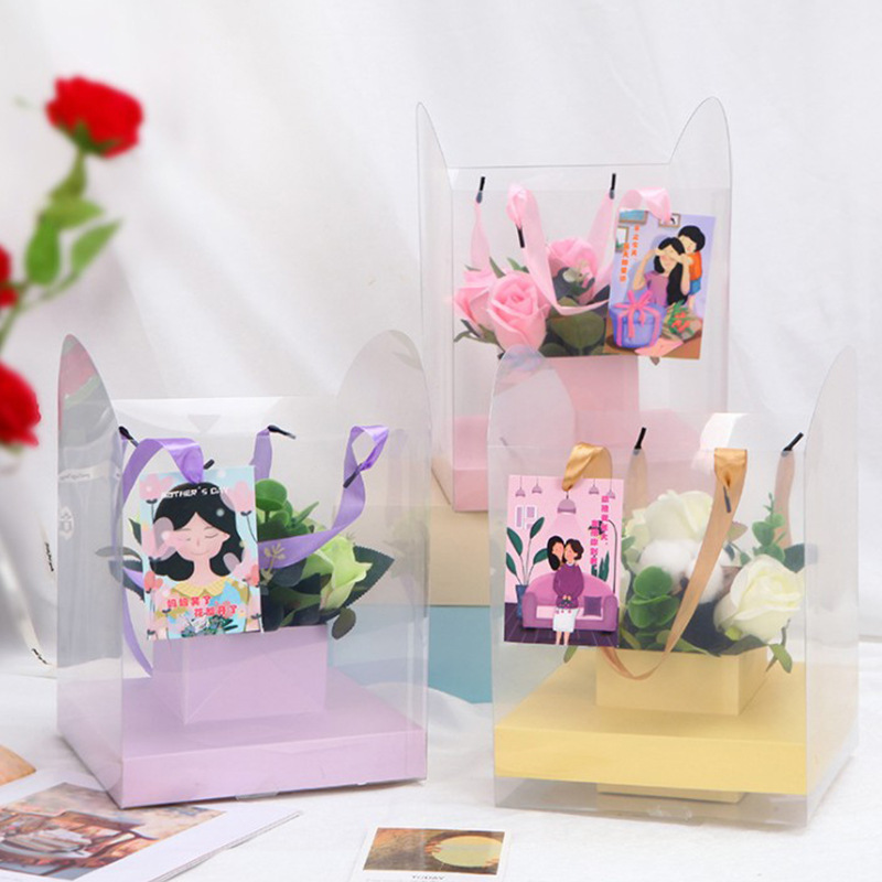 情人节方形透明PVC手提盒折叠花盒鲜花包装盒520花艺插花盒手提袋