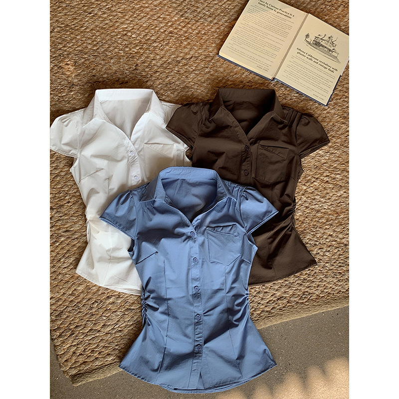 Magic Queen Retro Blue Short-Sleeve Shirt for Women, Summer 2026 New Style, Short Sweet and Spicy Girl Style, Waist-Cinching Slimming Shirt Magic Queen Retro Blue Short-Sleeve Shirt for Women, Summer 2026 New Style, Short Sweet and Spicy Girl Style, Waist-Cinching Slimming Shirt