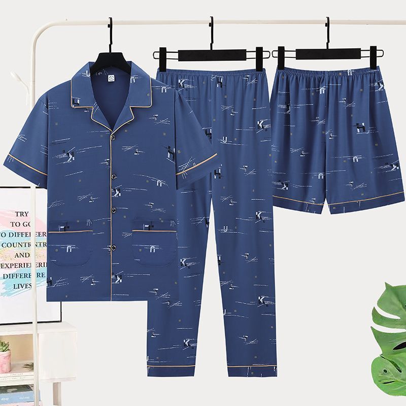 Pajamas de tres piezas de algodón para hombres, pantalones de manga corta de verano, ropa de casa, pantalones cortos delgados, ropa exterior suelta y tamaño grande.