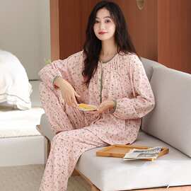 春秋新款纯棉女士长袖长裤开衫睡衣印花休闲女家居服图片色圆领