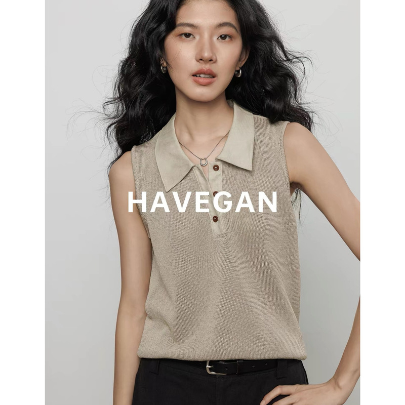 Havegan/Summer Shirt Collar Patchwork Knit Vest for Women, Linen Relaxed Style Old Money High-End Top Havegan/Summer Shirt Collar Patchwork Knit Vest for Women, Linen Relaxed Style Old Money High-End Top