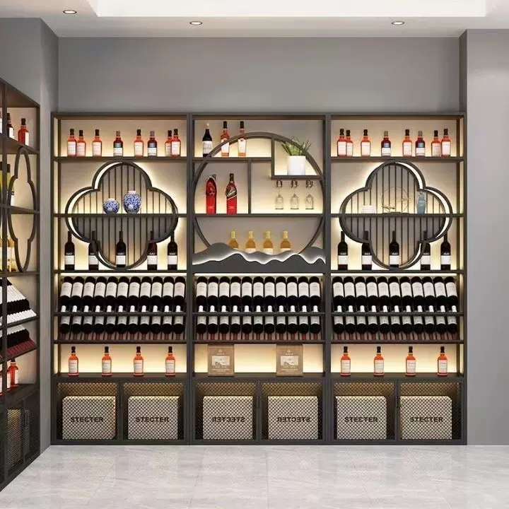 新中式酒行酒庄酒柜红酒白酒葡萄酒带灯展示柜落地置物架铁艺酒架