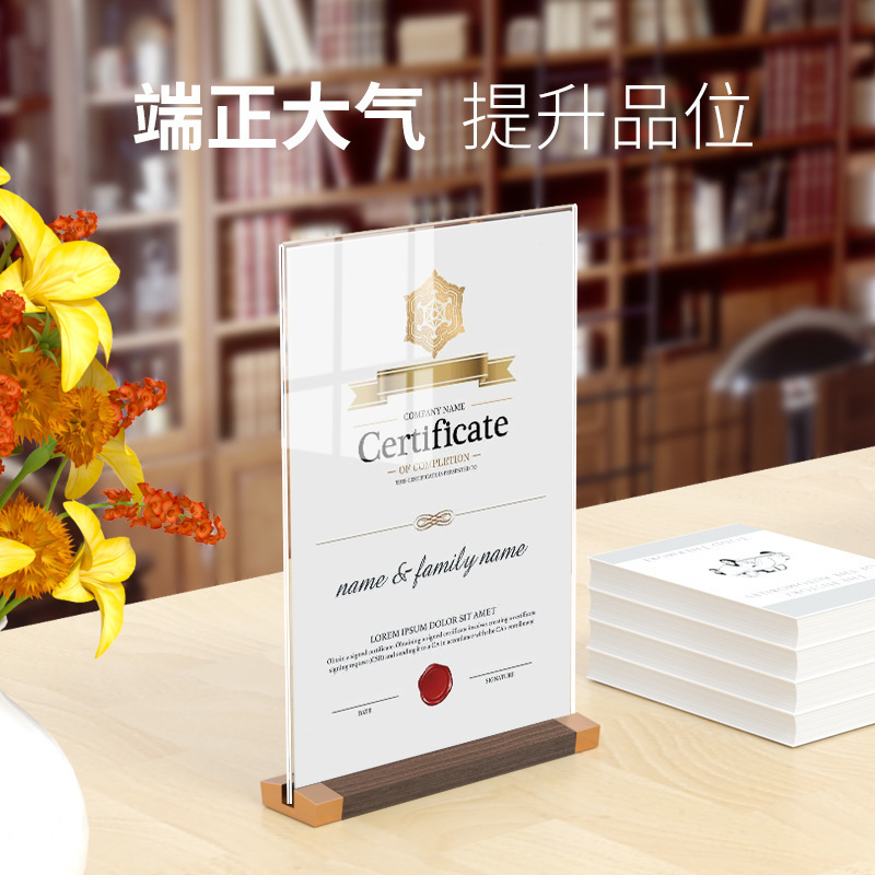 Expositor acrílico de sobremesa, mesa de madera maciza, tarjetas A4, nogal, A5, expositor de sobremesa para publicidad de té con leche, café y tarjetas.