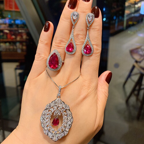 Pearl Life Jewelry Wholesale European and American Women's Fake Ruby Shiny Full Diamond Heavy Setting Pendant Ring Earring Set