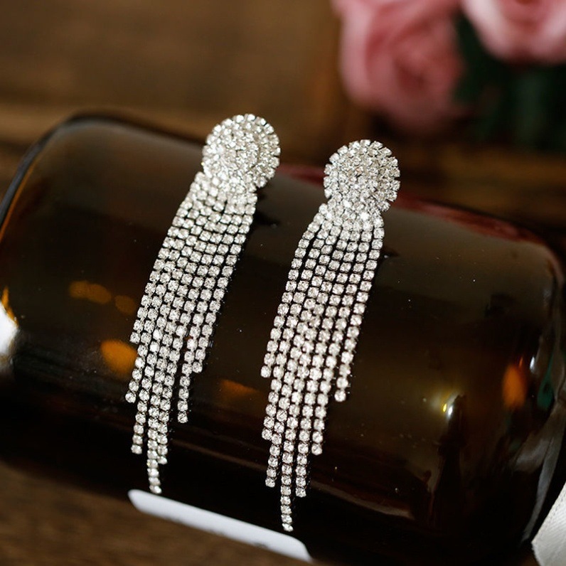 925 Silver Needle European And American Exaggerated Tassel Earrings For Women, Personalized Diamond-studded Long_voghion.com