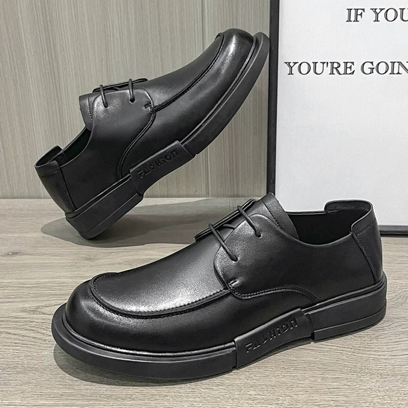 Мужская обувь, повседневная кожаная обувь, Уличная обувь, Весенняя деловая повседневная обувь на шнуровке с низким верхом, туфли на плоской подошве с круглым носком из воловьей кожи
