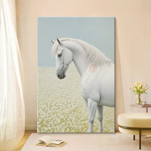 White Horse Cream Style Pure Hand-Painted Oil Painting Chinese Simple Style Living Room Decoration Painting Success at the Entrance Hanging Painting