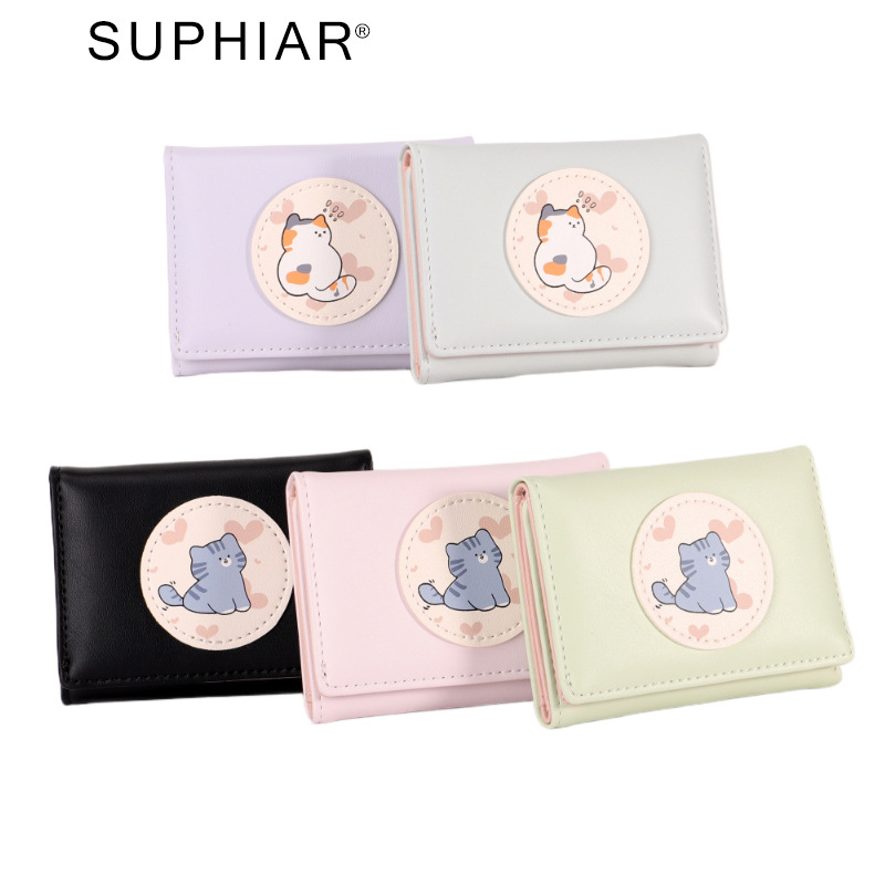 2025 nuevo producto amor pequeño ultra delgado tres carteras plegables mujeres de alto nivel sensación macaron gatito cartera de dibujos animados corta