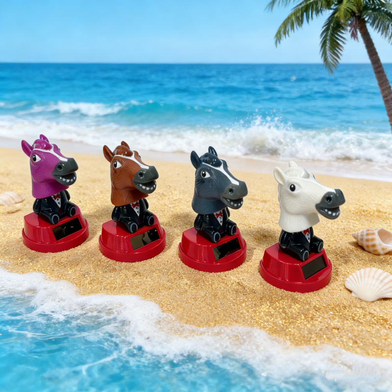 New Solar-Powered Shaking Horse Head Ornament, Beach Vacation Decoration, Desktop Small Gift, Cute Animal Decoration