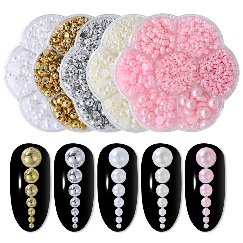 Pearl Nail Art Decorations 7-Compartment Plum Blossom Box Colorful Semi-Circle Pearl Accessories Gold, Silver, White, Pink Nail Accessories