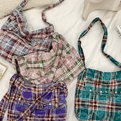 57301 新款扎染格子单肩斜挎包翻盖拉链帆布包大容量通勤腋下包