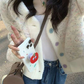 彩虹点毛绒短外套甜辣风米色针织开衫毛衣修身短上衣女