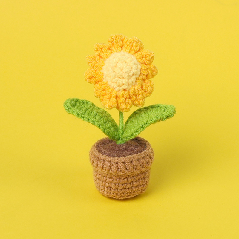 完成品クロスボーダー手作りウールかぎ針編み忘れなしひまわり模擬花鉢植えクリエイティブデスクトップ装飾品車の装飾造花|undefined