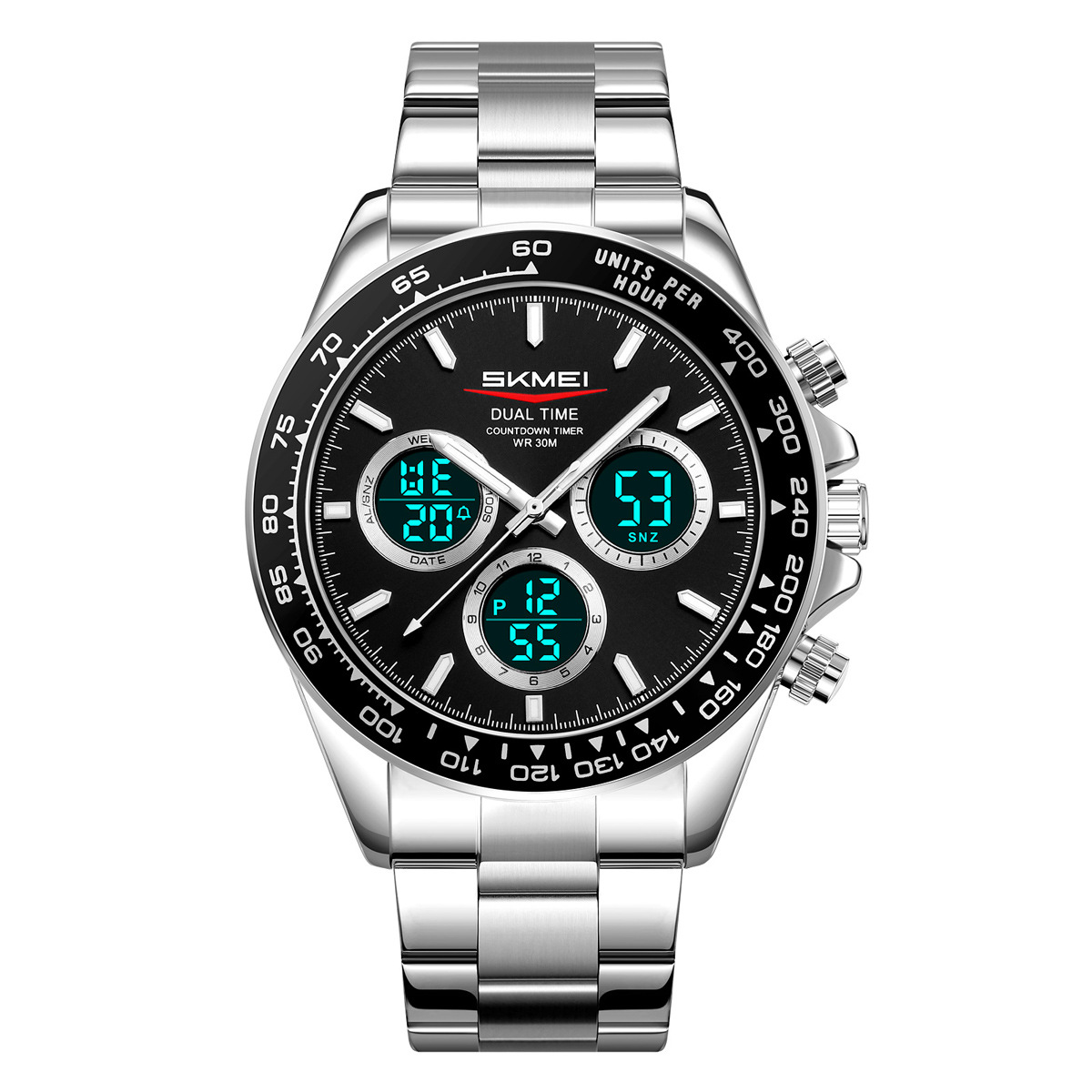 Momento de belleza hombre reloj de correa de acero plateado de negocios reloj deportivo multifuncional nocturna impermeable reloj de hombre al por mayor transfronterizo