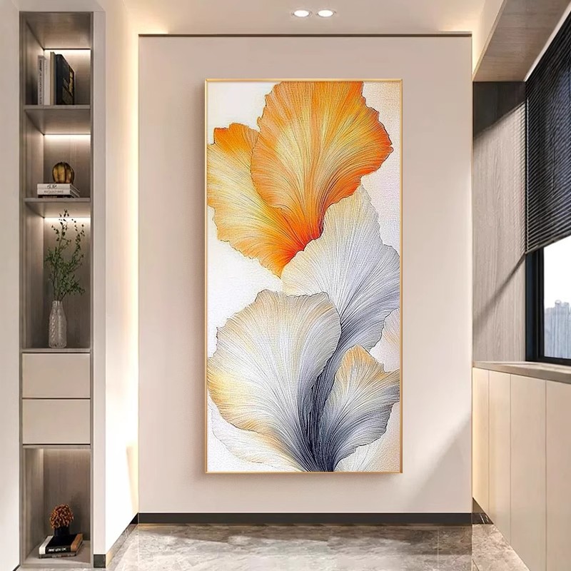 幸福花伴手绘油画银杏叶奶油风玄关装饰画走廊尽头挂画肌理画大幅