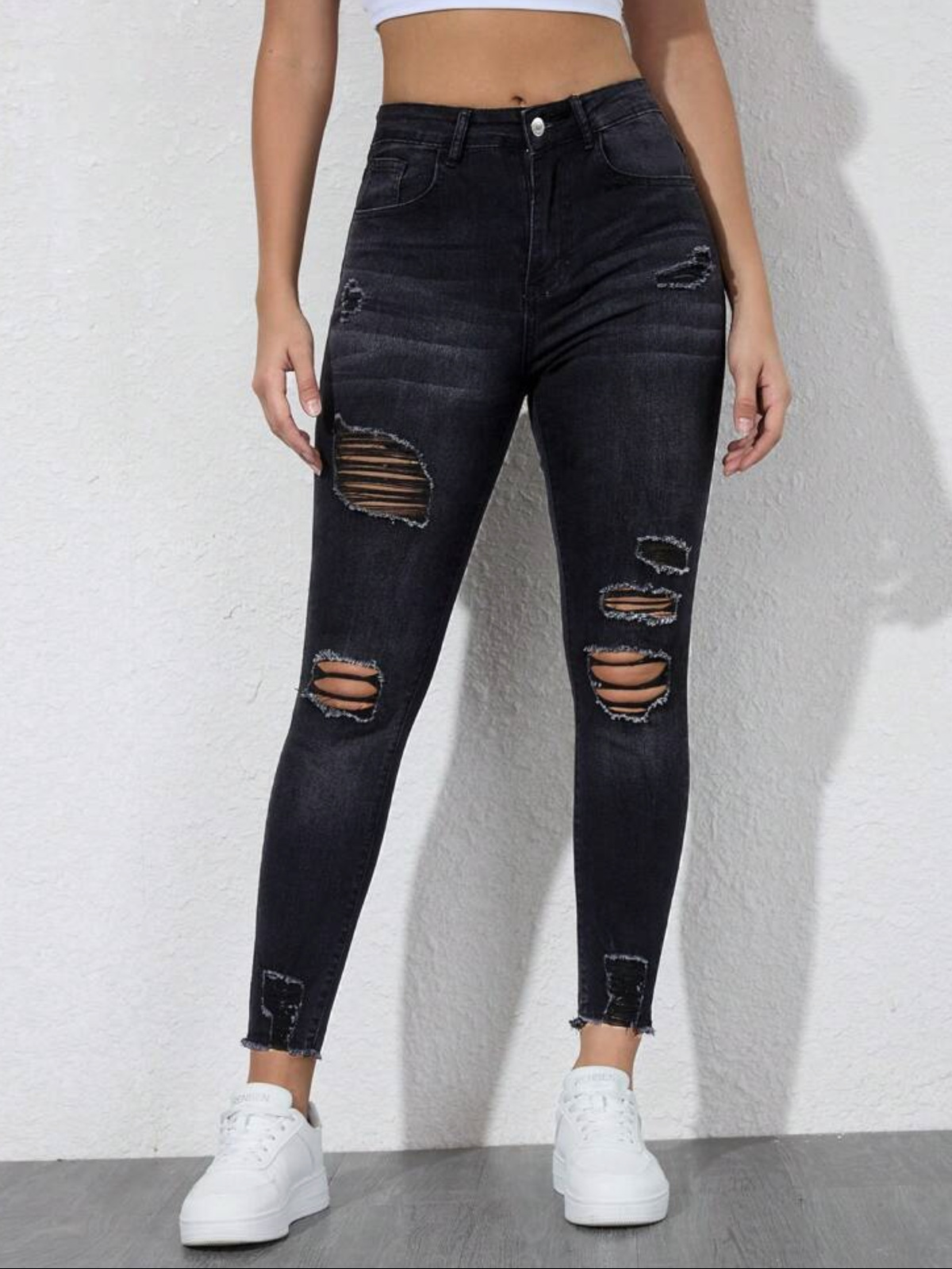 Jeans Ajustados para Mujer de Mezclilla de Algodón, Elástico, Cintura Alta, Roto